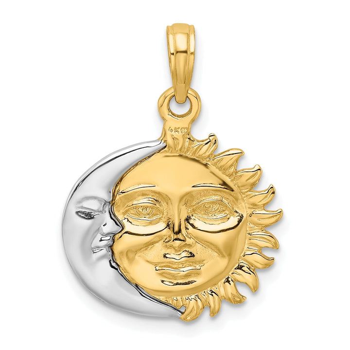 14k Two-Tone Gold Solid Polished Finish 3-Diamentional Reversible Sun and Moon Charm Pendant