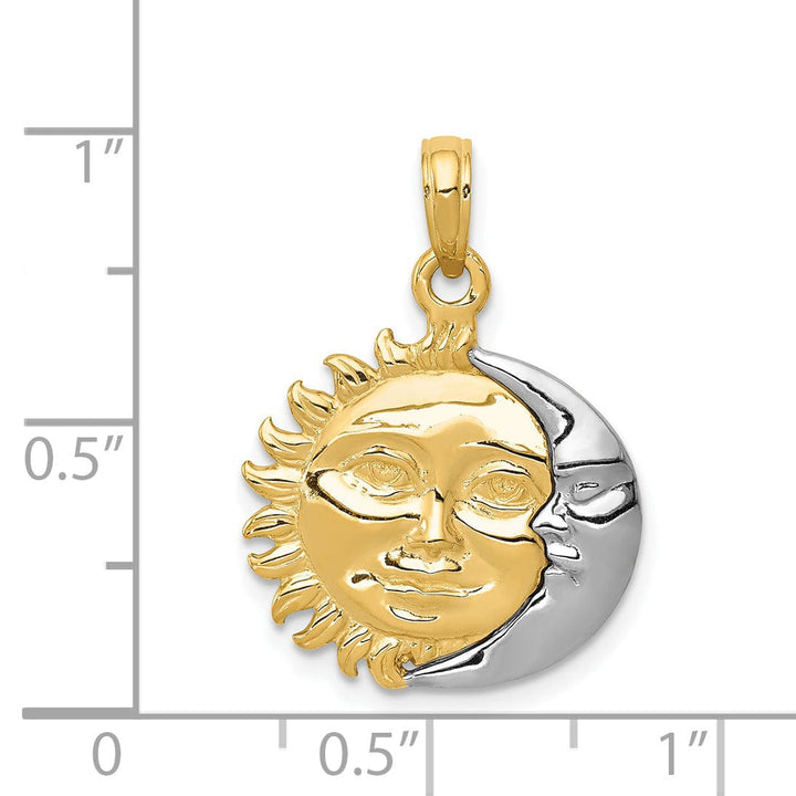 14k Two-Tone Gold Solid Polished Finish 3-Diamentional Reversible Sun and Moon Charm Pendant