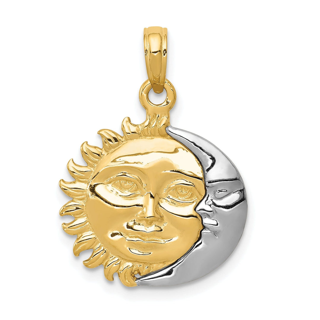 14k Two-Tone Gold Solid Polished Finish 3-Diamentional Reversible Sun and Moon Charm Pendant