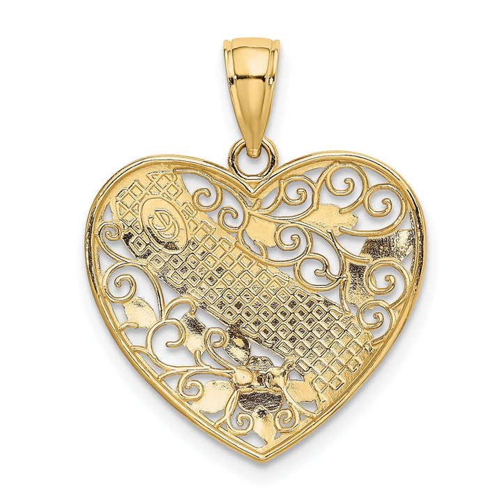 14k Two Tone Gold, White Rhodium GRANDMA In Filigree Heart with Flower, Leaf Design Charm Pendant