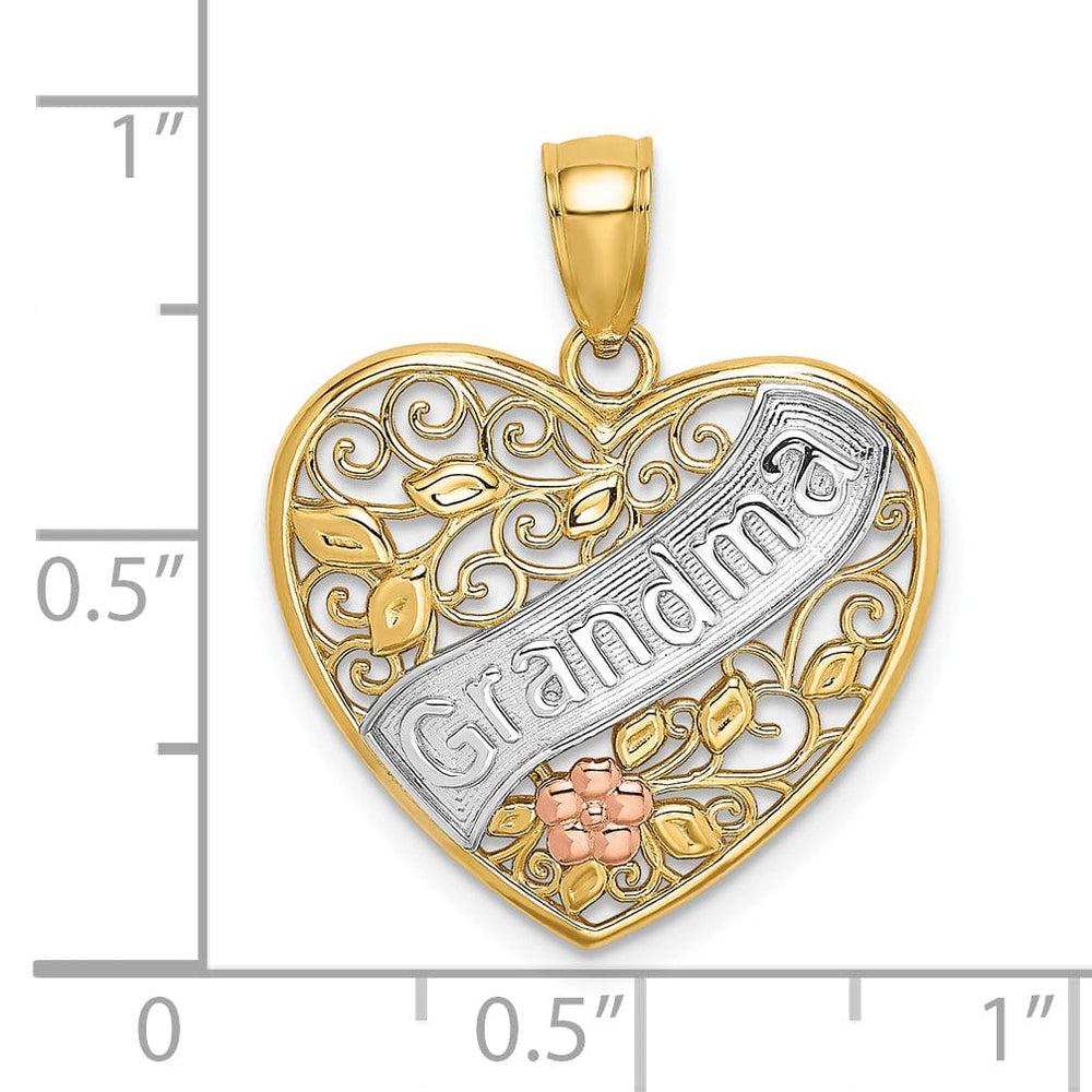 14k Two Tone Gold, White Rhodium GRANDMA In Filigree Heart with Flower, Leaf Design Charm Pendant