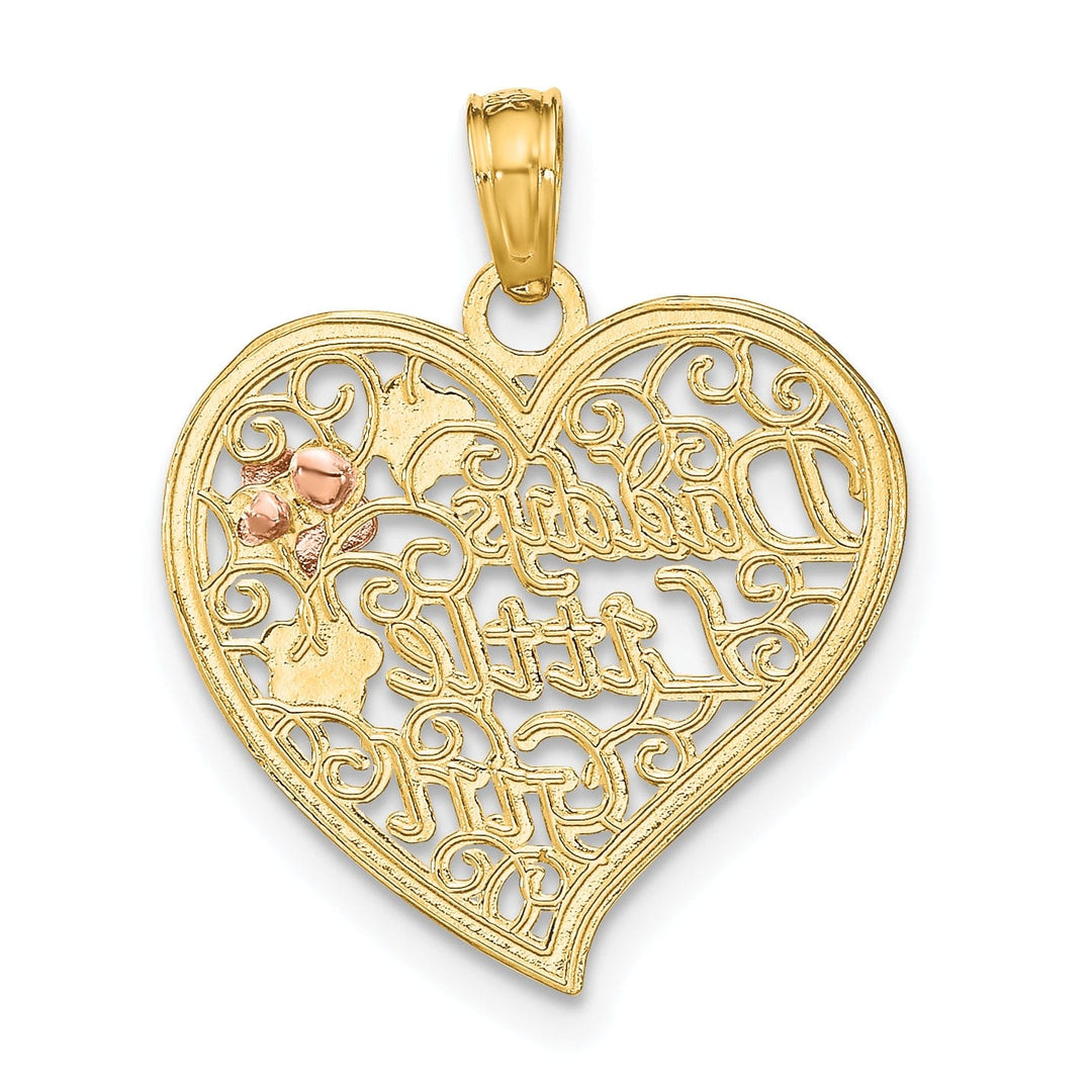 14k Two Tone Gold, White Rhdoium DADDYS LITTLE GIRL with Flowers Fancy Filigree Design Heart Charm Pendant