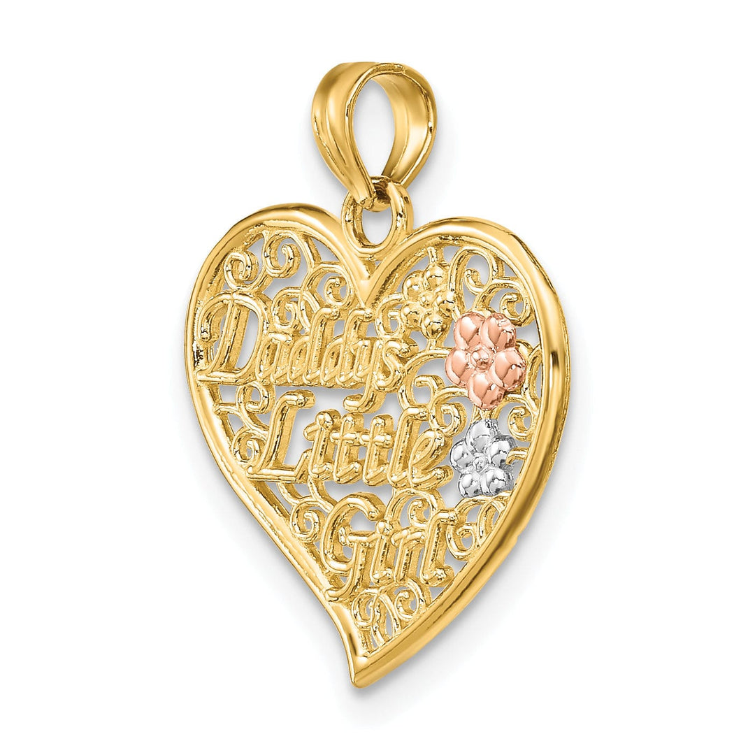 14k Two Tone Gold, White Rhdoium DADDYS LITTLE GIRL with Flowers Fancy Filigree Design Heart Charm Pendant