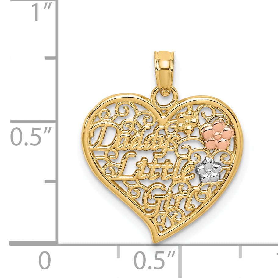 14k Two Tone Gold, White Rhdoium DADDYS LITTLE GIRL with Flowers Fancy Filigree Design Heart Charm Pendant