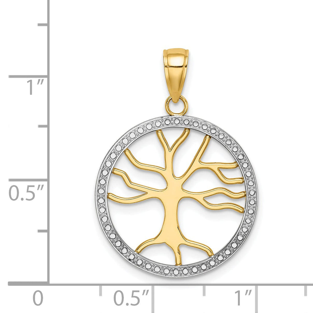 14k Yellow Gold White Rhodium Textured Polished Finish Tree of Life in Large Size Round Shape Beaded Frame Charm Pendant