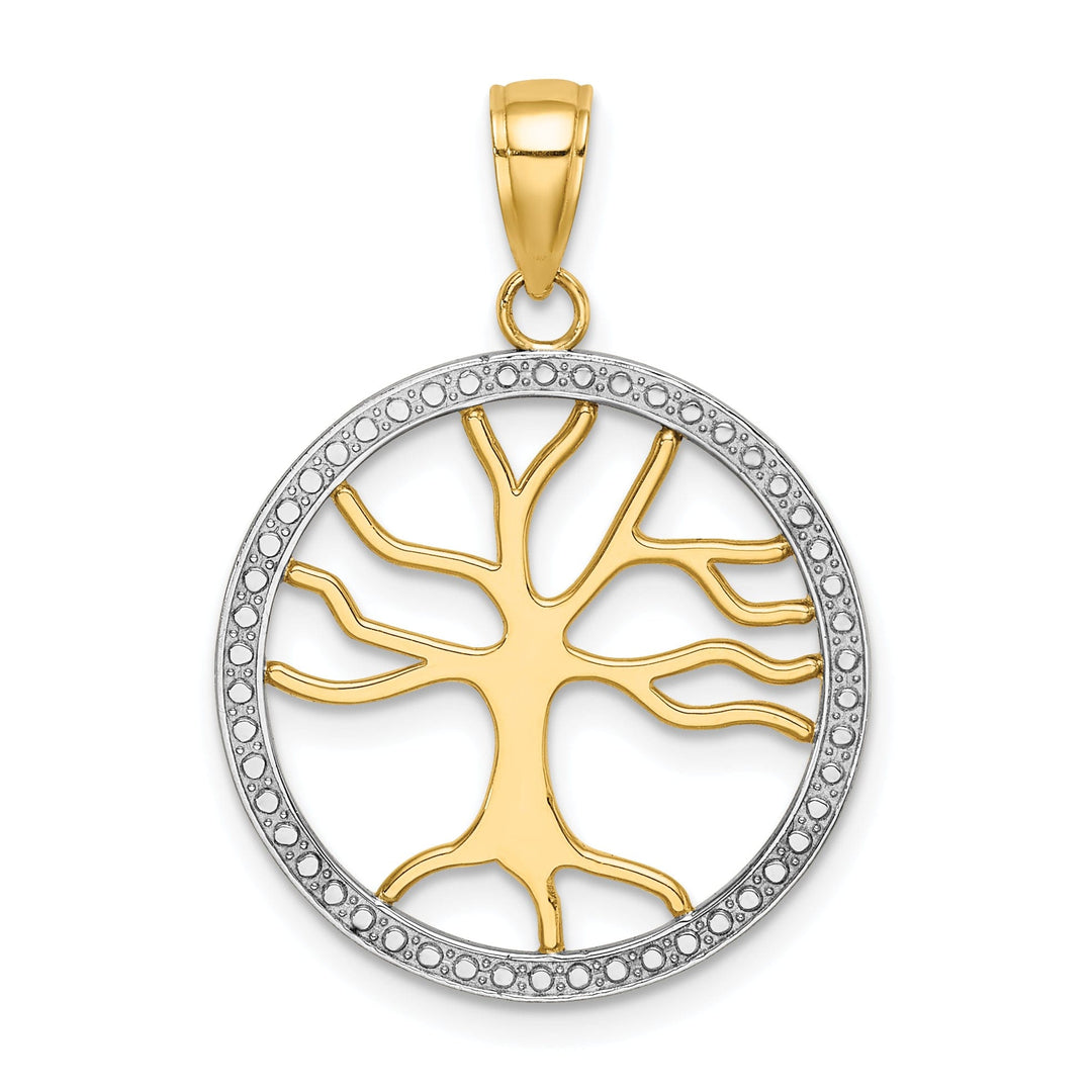 14k Yellow Gold White Rhodium Textured Polished Finish Tree of Life in Large Size Round Shape Beaded Frame Charm Pendant