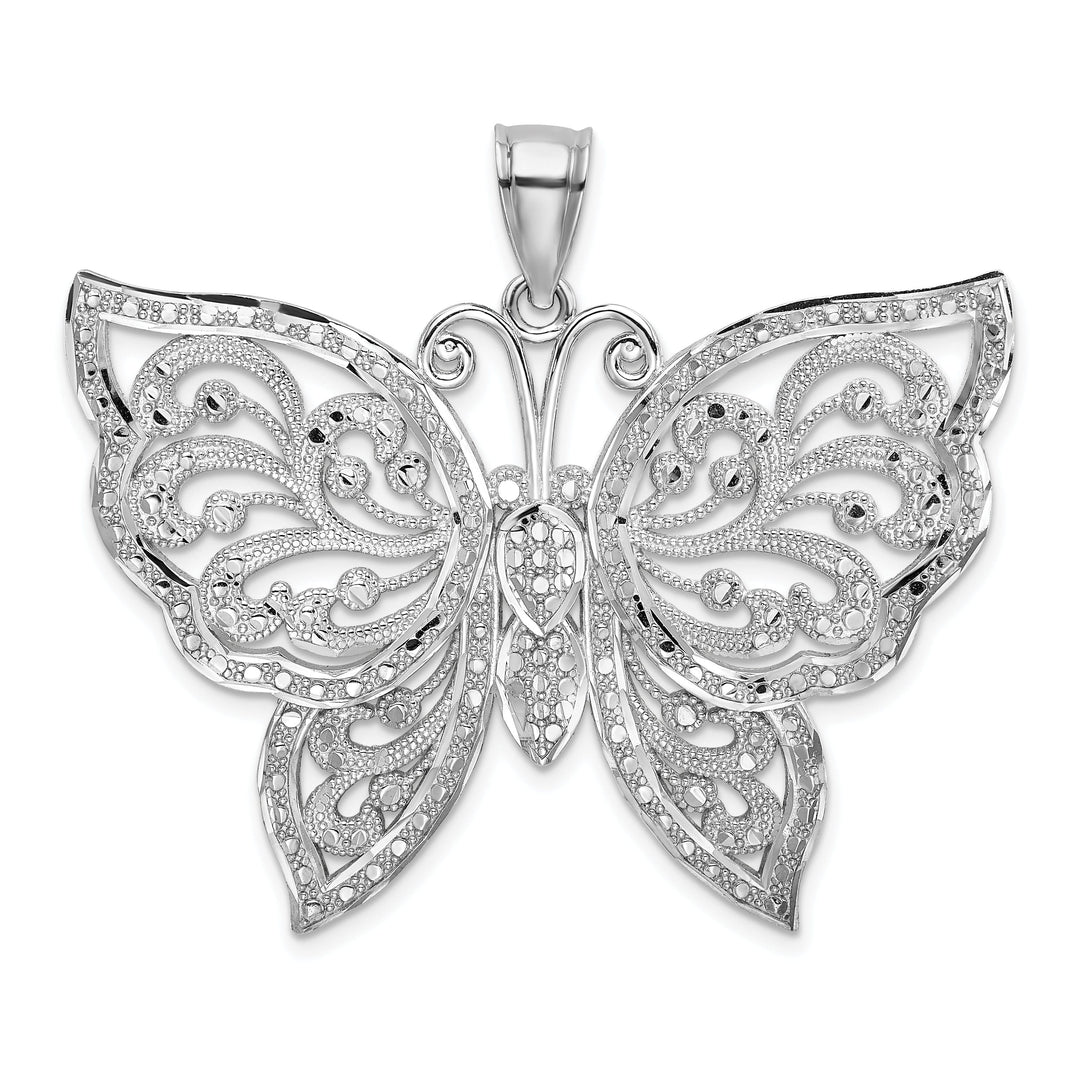 14K White Gold Large Textured Back Solid Polished Finish Diamond-cut Beaded Butterfly Charm Pendant