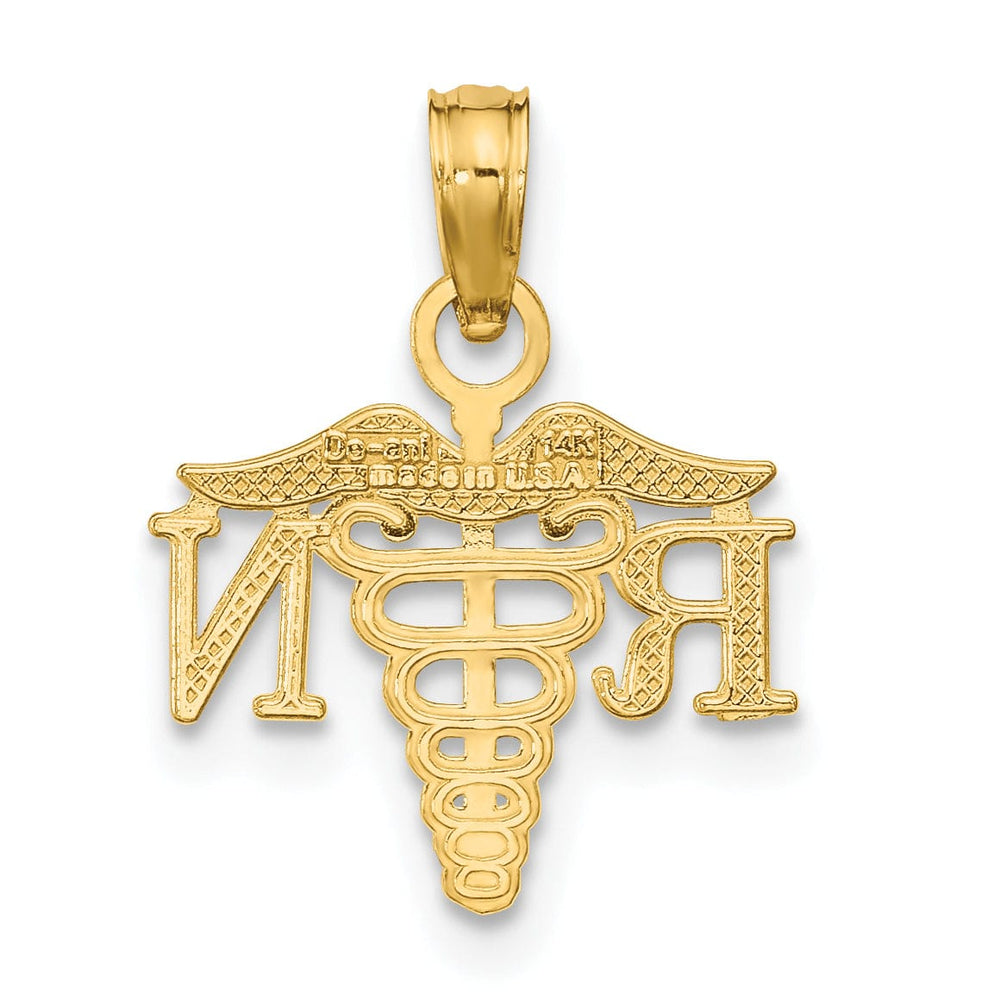 14K Yellow Gold Open Back Polished Finish RN Caduceus Design Charm Pendant