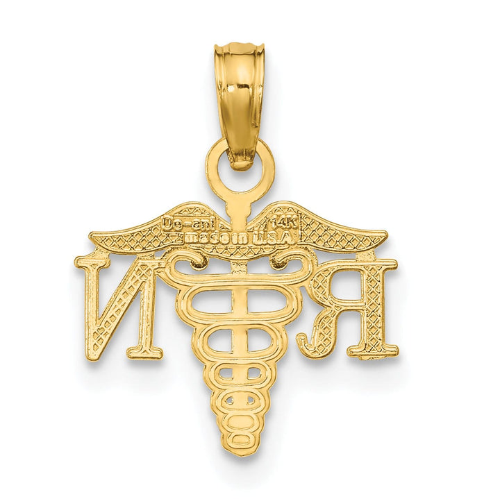 14K Yellow Gold Open Back Polished Finish RN Caduceus Design Charm Pendant