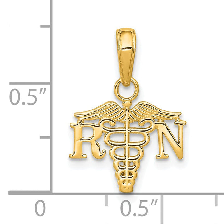 14K Yellow Gold Open Back Polished Finish RN Caduceus Design Charm Pendant