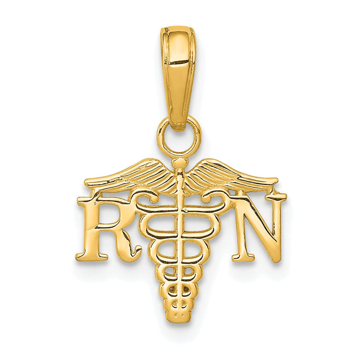 14K Yellow Gold Open Back Polished Finish RN Caduceus Design Charm Pendant