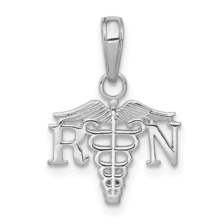 14K White Gold Open Back Polished Finish RN Caduceus Design Charm Pendant