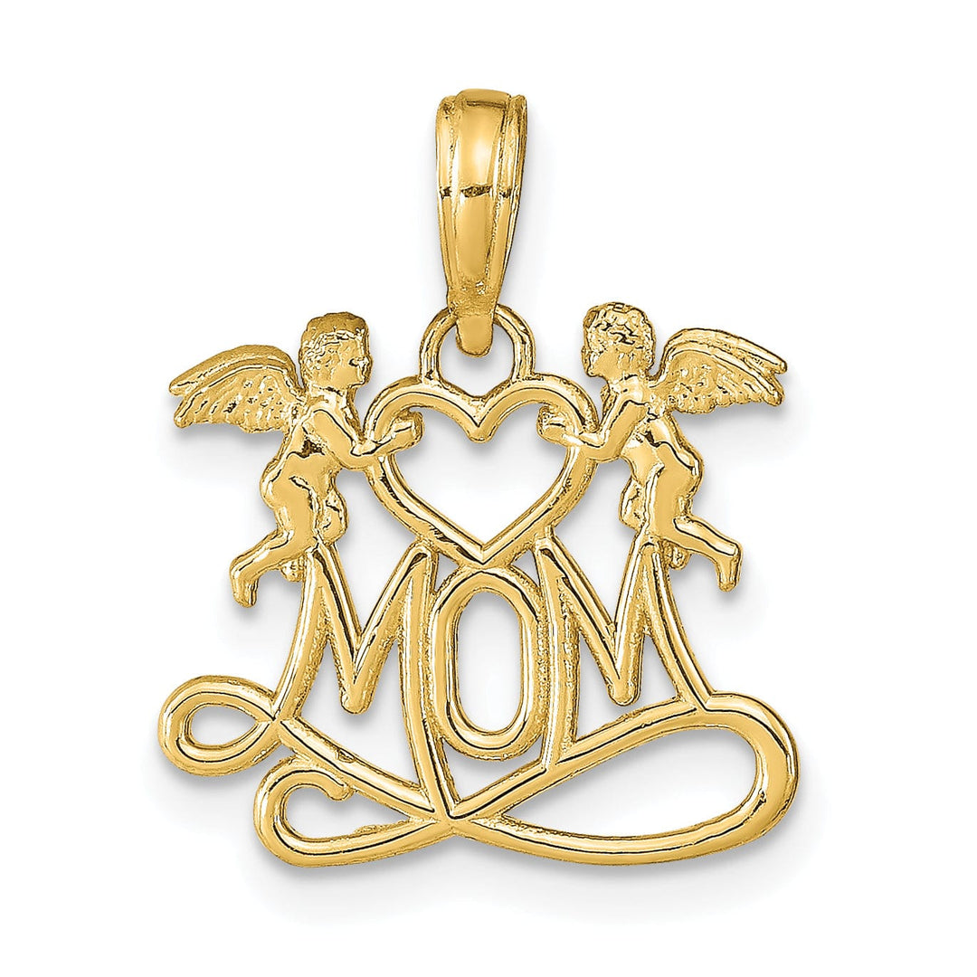 14K Yellow Gold Polished Finish MOM with 2 Angels Holding Heart Design Charm Pendant