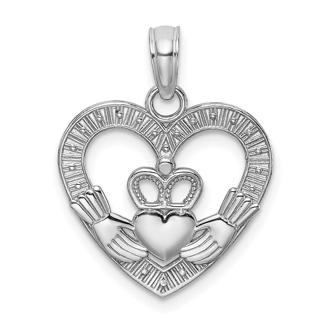 14K White Gold Polished Textured Finish Heart Claddagh Design Charm Pendant