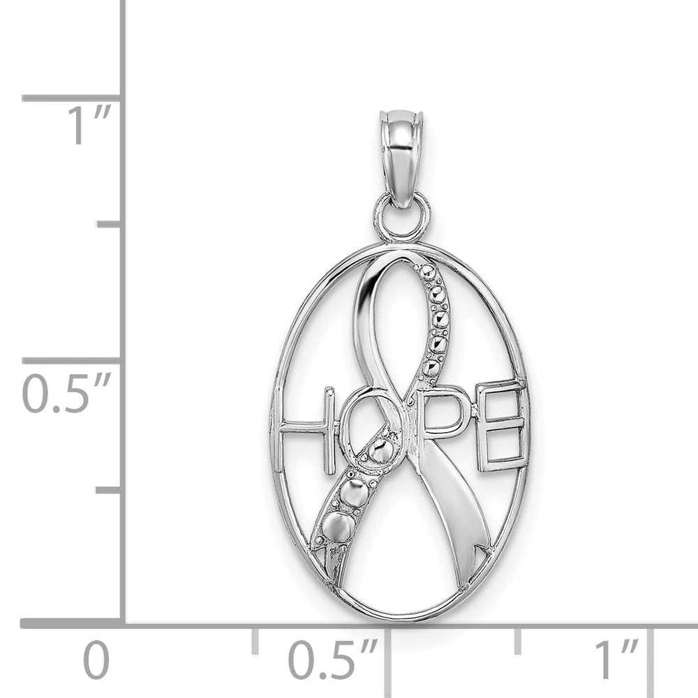 14K White Gold Textured Polished Finish HOPE with Ribbon Oval Shape Charm Pendant