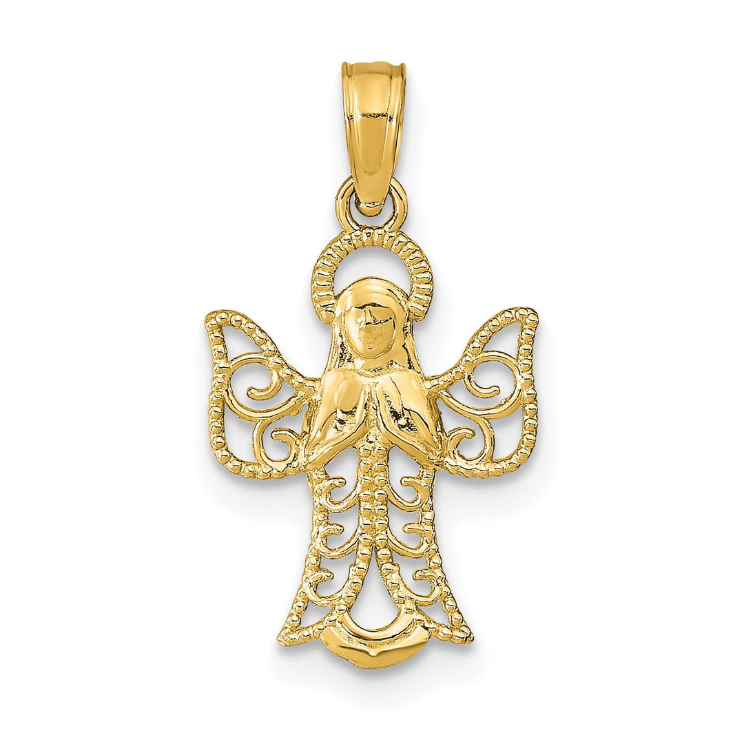 14k Yellow Gold Polished Texture Finish Filigree Praying Angel Pendant