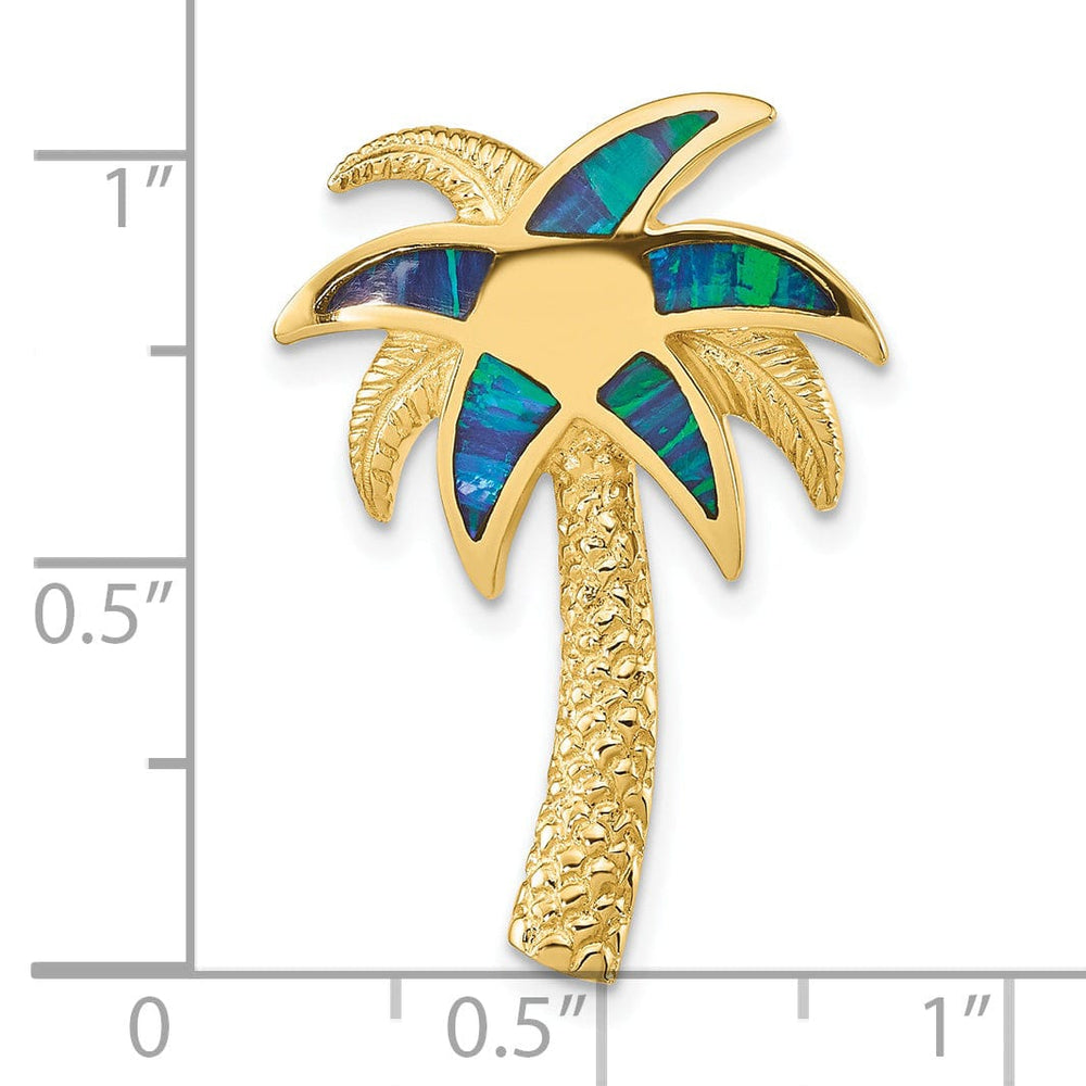 14k Yellow Gold Polished Textured Finish Solid Lab Created Opal Palm Tree Slide Pendant fits up to 6mm Omega