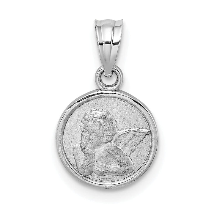 14K White Gold Polished Satin Finish Angel Cherub Round Shape Pendant