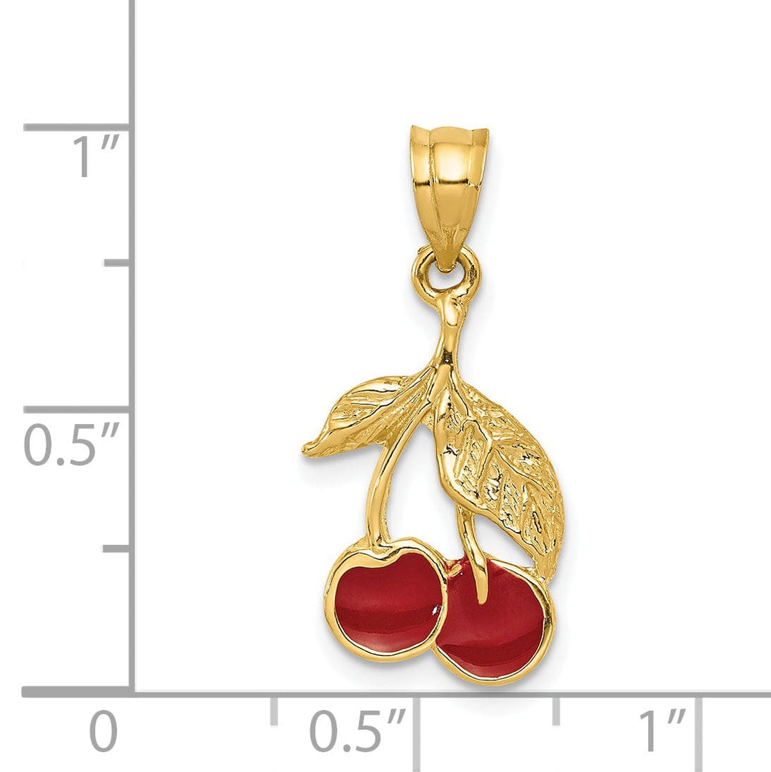 14k Yellow Gold Red Enameled Cherries Pendant