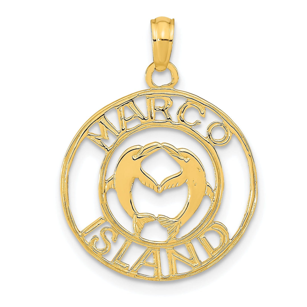 14K Yellow Gold Polished Finish MARCO ISLAND with Dolphins in Circle Design Charm Pendant