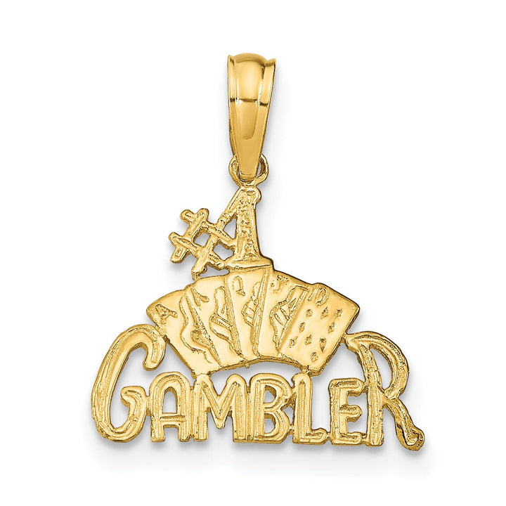 14K Yellow Gold Textured Polished Finish #1 GAMBLER With Playing Cards Design Charm Pendant