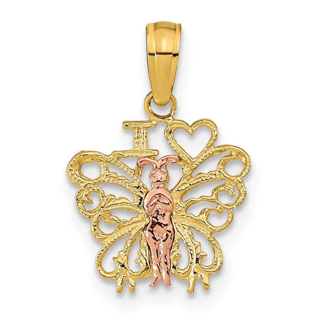 14K Two-tone Gold Textured Textured Back Solid Polished Finish I HEART Butterfly Charm Pendant