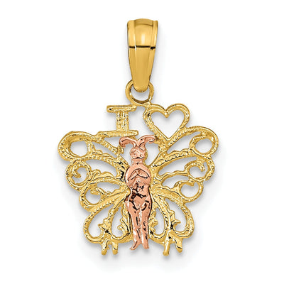 14K Two-tone Gold Textured Textured Back Solid Polished Finish I HEART Butterfly Charm Pendant at $ 75.16 only from Jewelryshopping.com