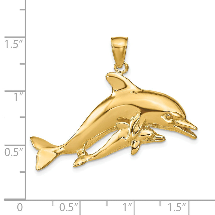 14K Yellow Gold Polished Finish Dolphin with Baby Design Charm Pendant