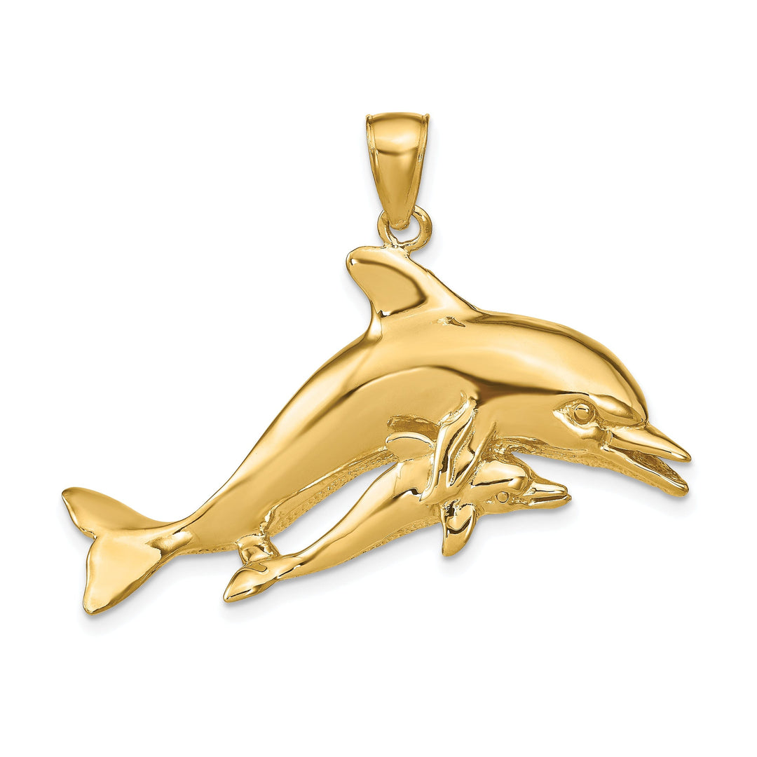 14K Yellow Gold Polished Finish Dolphin with Baby Design Charm Pendant