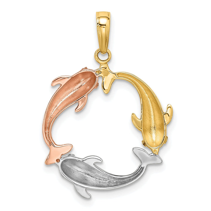 14k Tri-color Gold Casted Polished Finish Hallow Triple Dolphin Circle Charm Pendant