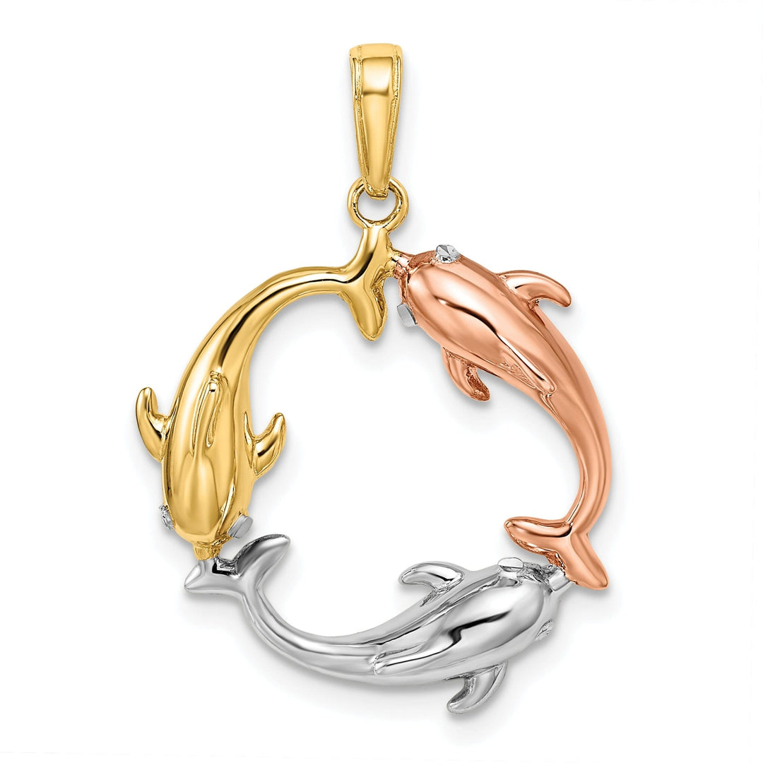 14k Tri-color Gold Casted Polished Finish Hallow Triple Dolphin Circle Charm Pendant