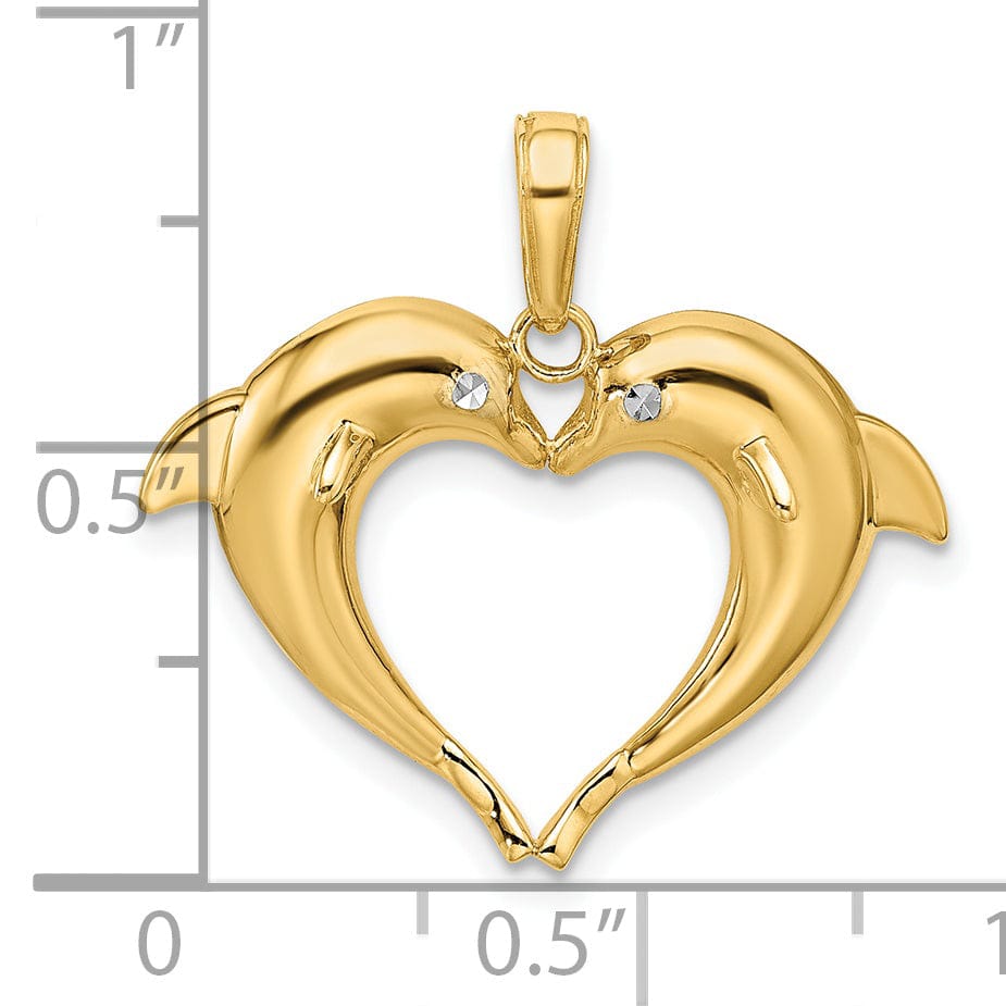 14k Yellow Gold White Rhodium Polished Finish Semi Solid Double Dolphin Heart Design Charm Pendant