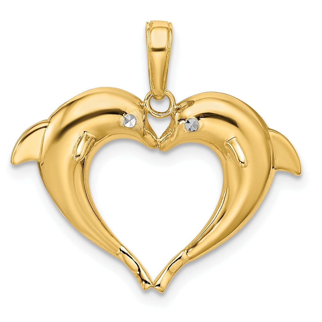 14k Yellow Gold White Rhodium Polished Finish Semi Solid Double Dolphin Heart Design Charm Pendant