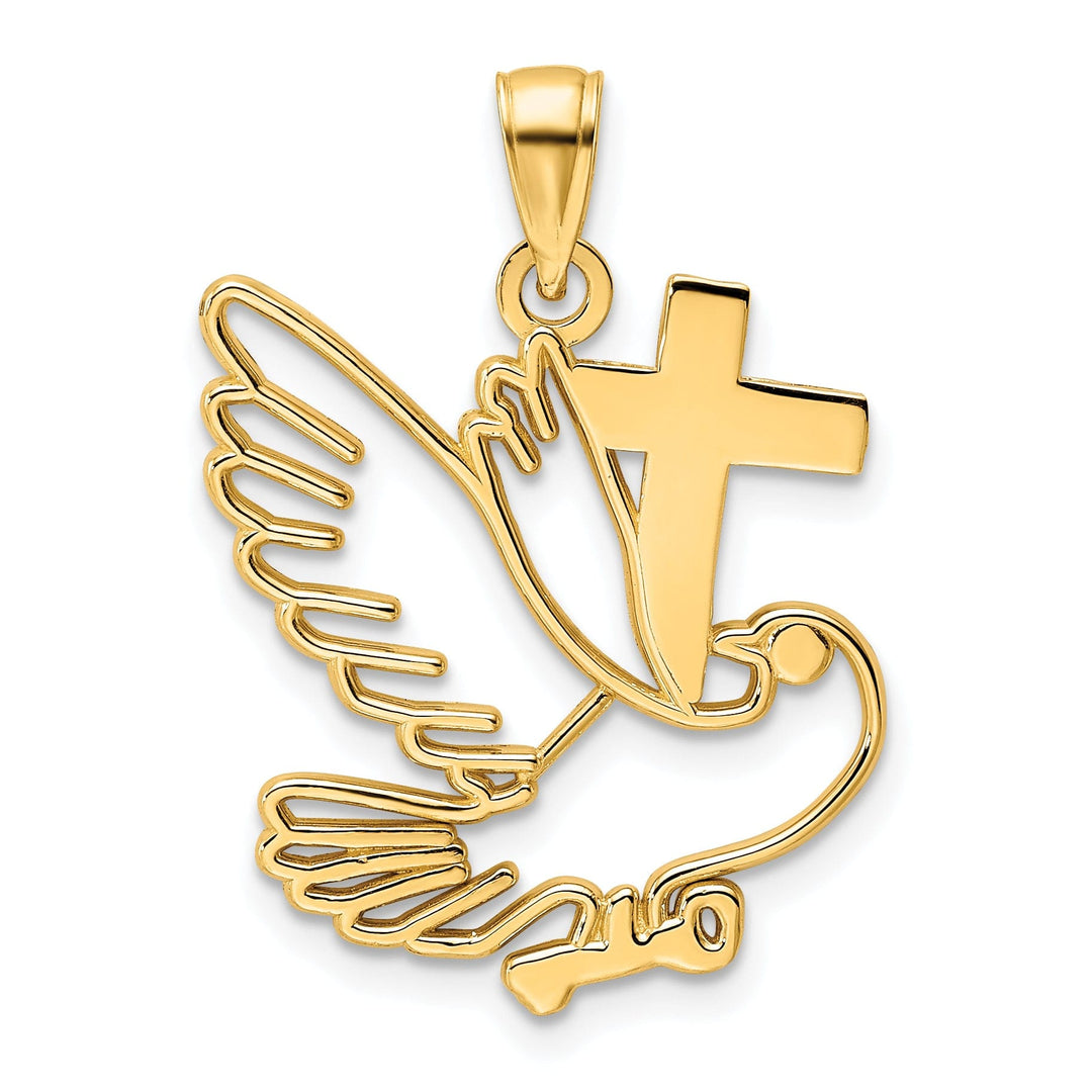 14K Yellow Gold Polished Finish Dove and Cross Design Charm Pendant
