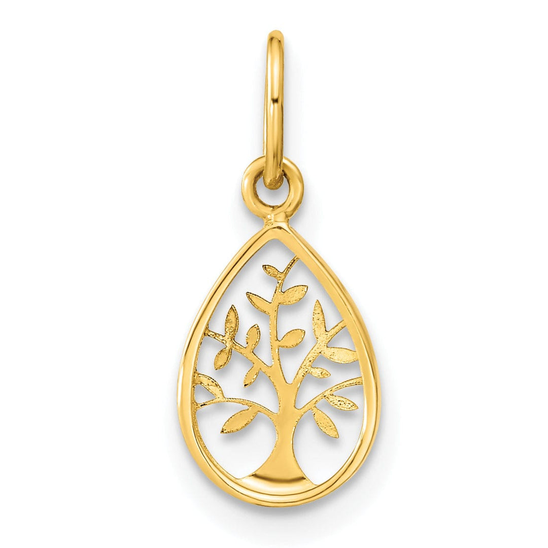 14K Yellow Gold Open Back Solid Polished FinishTeardrop Shape Tree Of Life Charm Pendant