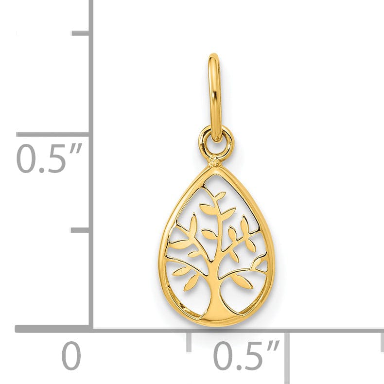 14K Yellow Gold Open Back Solid Polished FinishTeardrop Shape Tree Of Life Charm Pendant