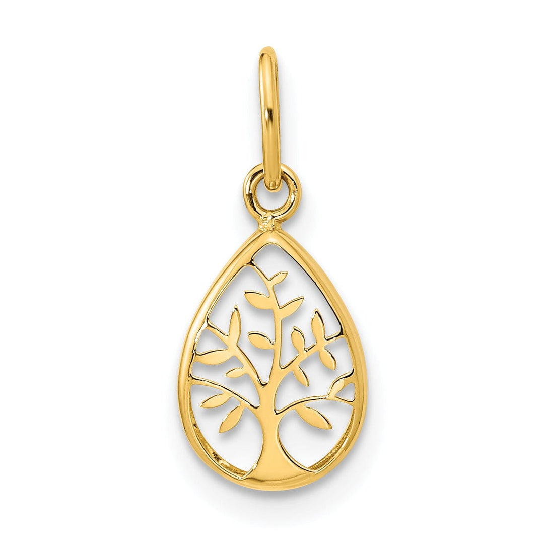 14K Yellow Gold Open Back Solid Polished FinishTeardrop Shape Tree Of Life Charm Pendant