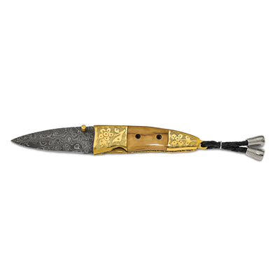 Luxury Giftware Limited Edition Damascus Steel 256 Layer Woolly Mammoth Tusk Ivory and Brass Handle Folding Knife with Leather Sheath and Wooden Gift Box