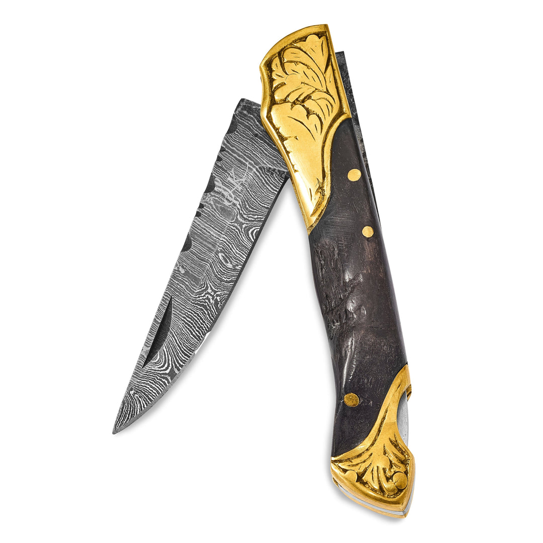 Damascus Steel Brass Ram Horn Handle Knife