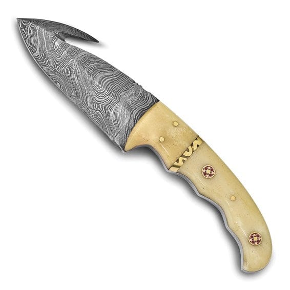 Damascus Steel Gut Hook Camel Bone Handle Knife