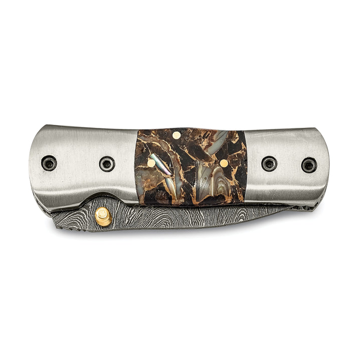 Damascus Steel 256 Layer Folding Compressd Bronze-Abalone-Obsidian Knife
