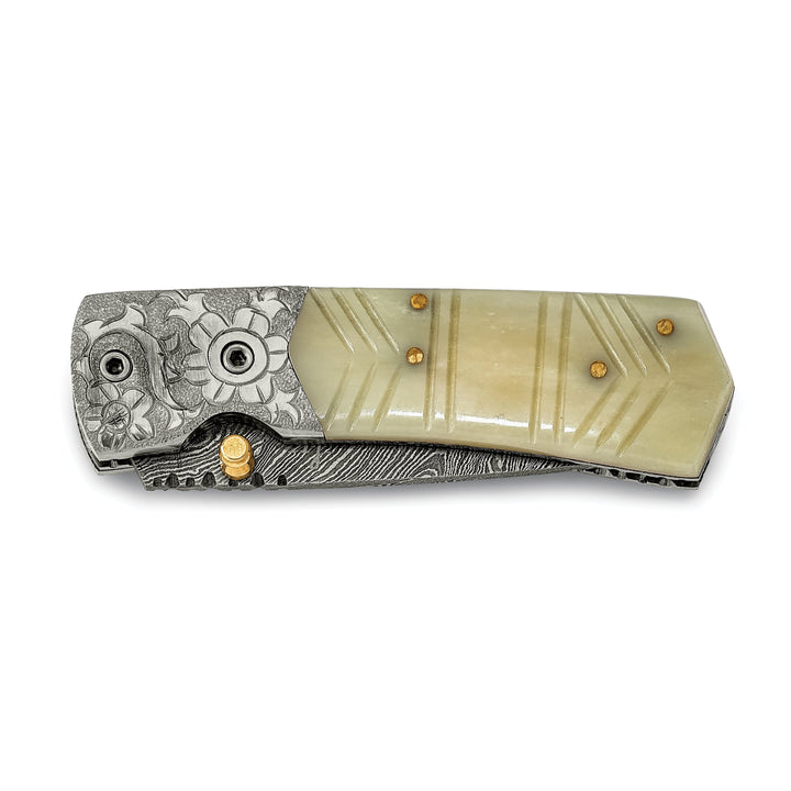 Damascus Steel 256 Layer Folding Carved Camel Bone Handle Knife