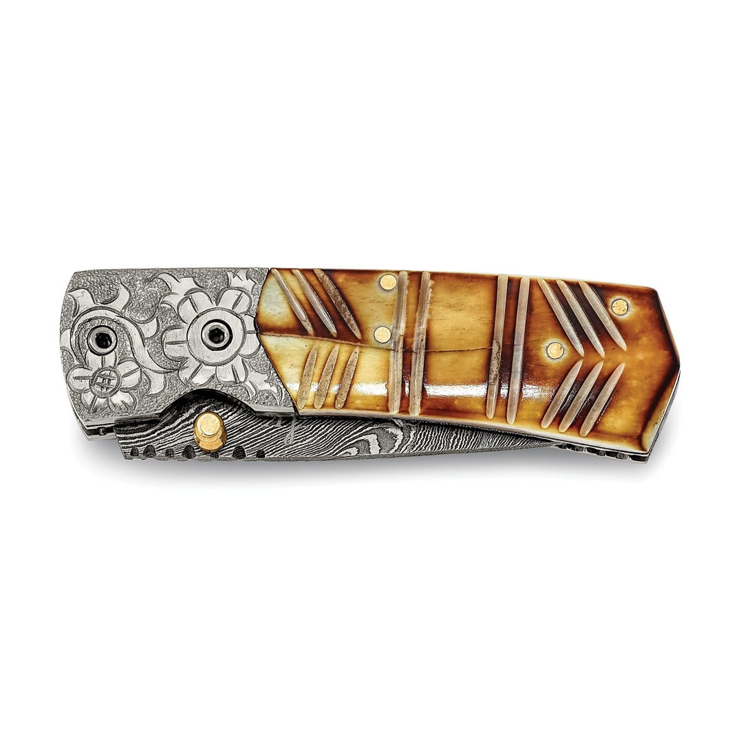 Damascus Steel 256 Layer Folding Dyed/Carved Camel Bone Knife