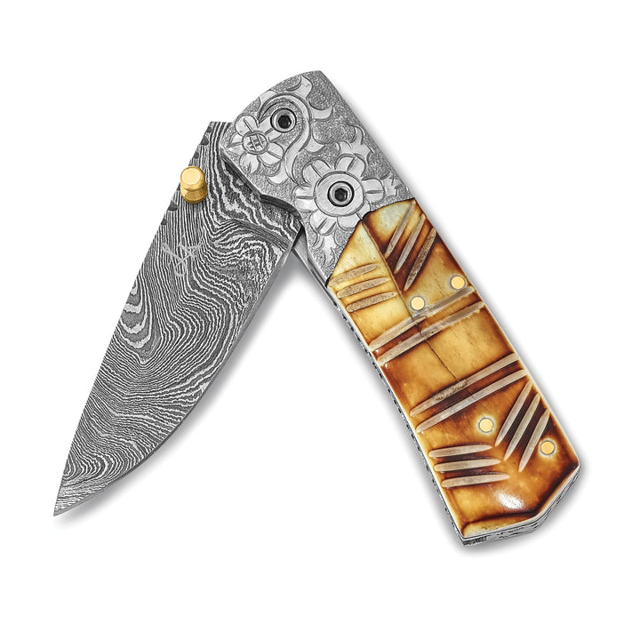 Damascus Steel 256 Layer Folding Dyed/Carved Camel Bone Knife