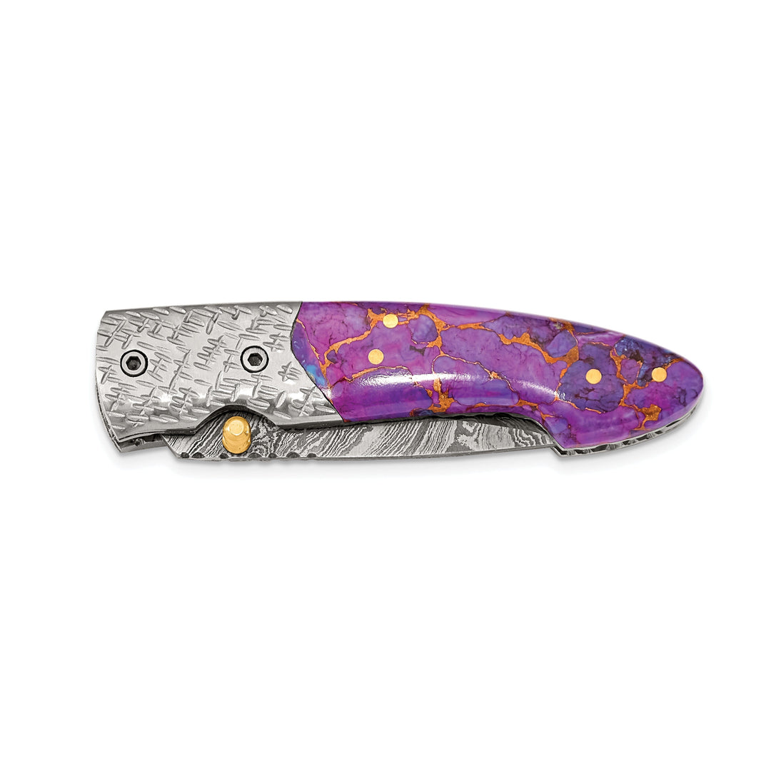 Damascus Steel 256 Layer Purple Stone Handle Folding Blade Knife