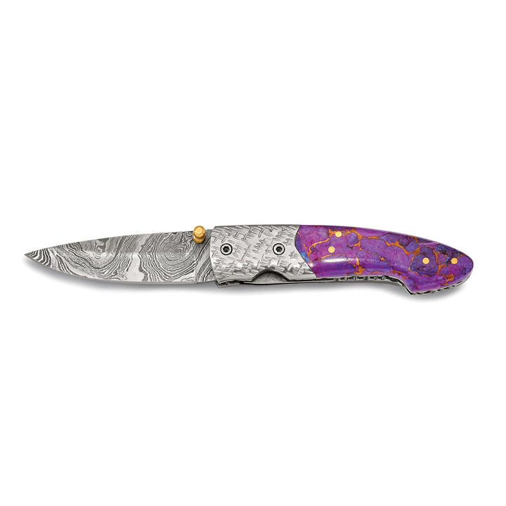 Damascus Steel 256 Layer Purple Stone Handle Folding Blade Knife