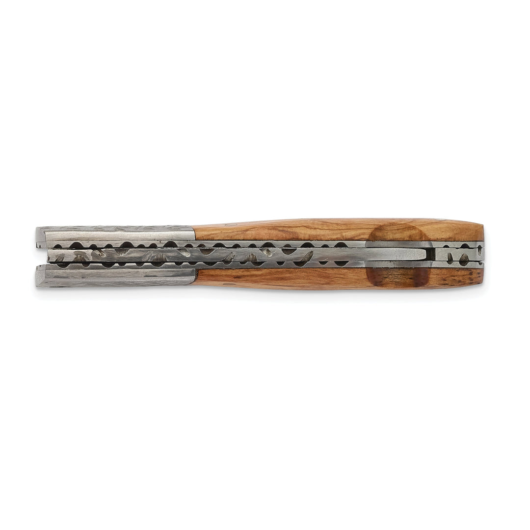 Luxury Giftware Damascus Steel 256 Layer Olive Wood Handle Folding Blade Knife with Leather Sheath and Wooden Gift Box