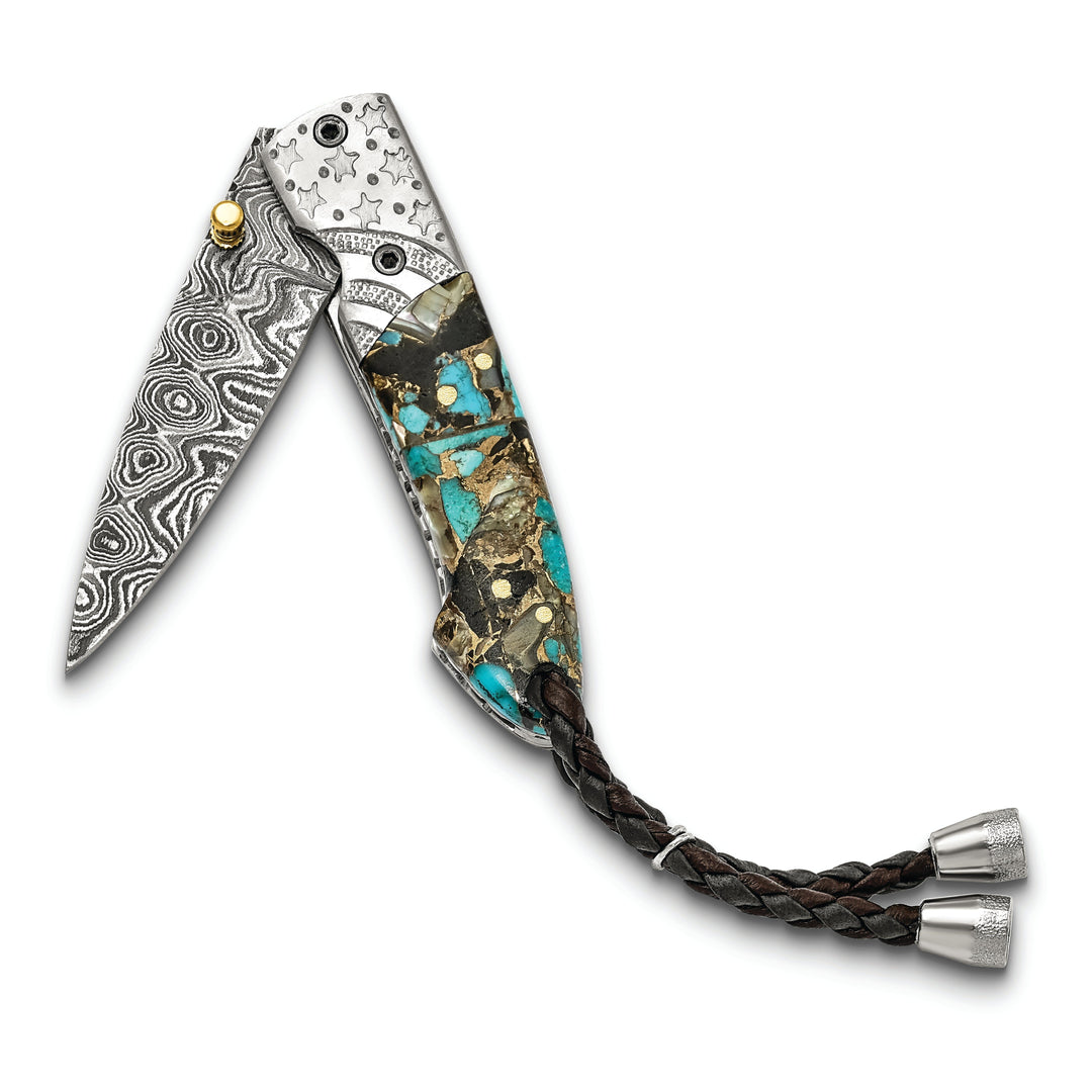 Damascus Steel 256 Layer Folding Blade Turq/Abalon/Obsid/Bronze Knife
