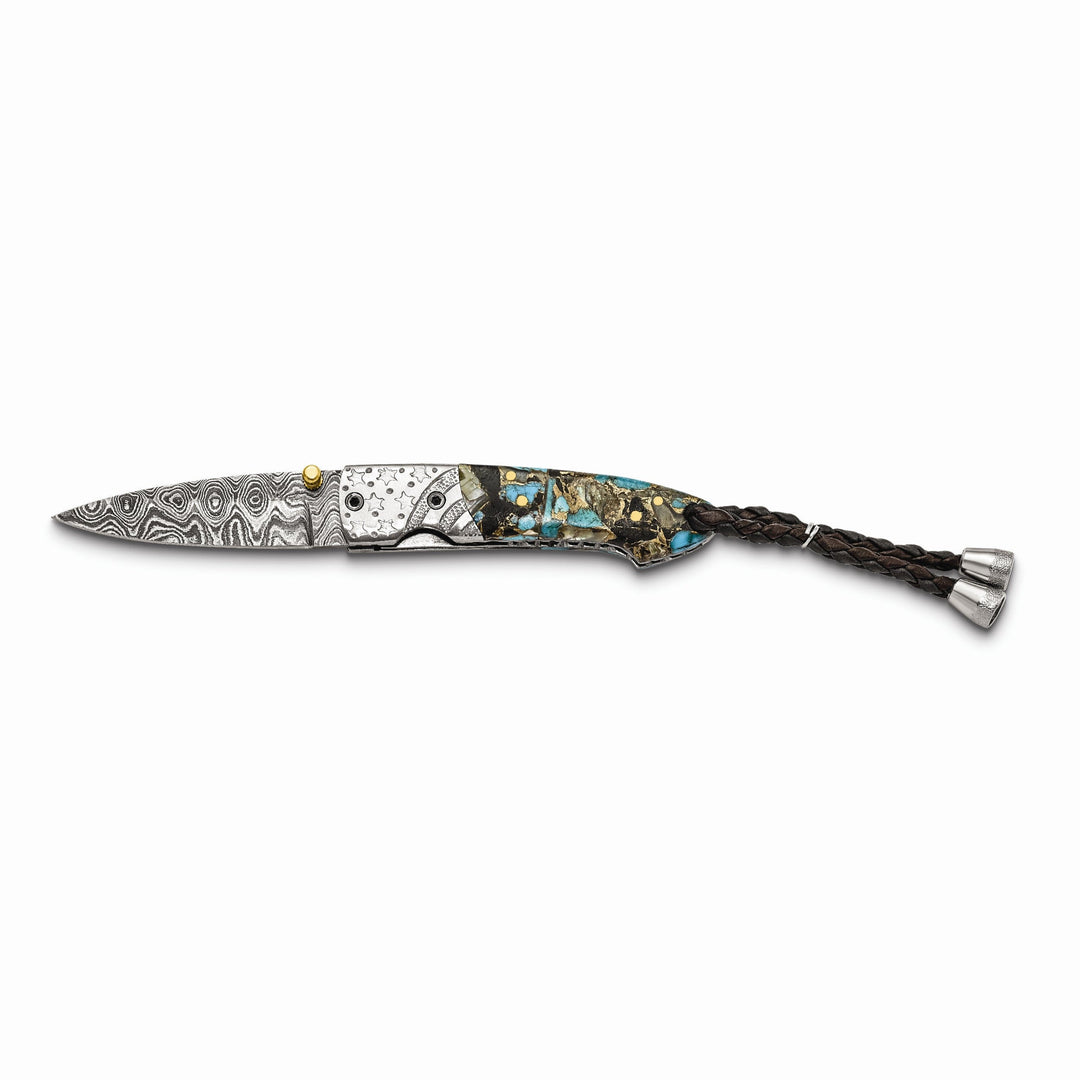 Damascus Steel 256 Layer Folding Blade Turq/Abalon/Obsid/Bronze Knife