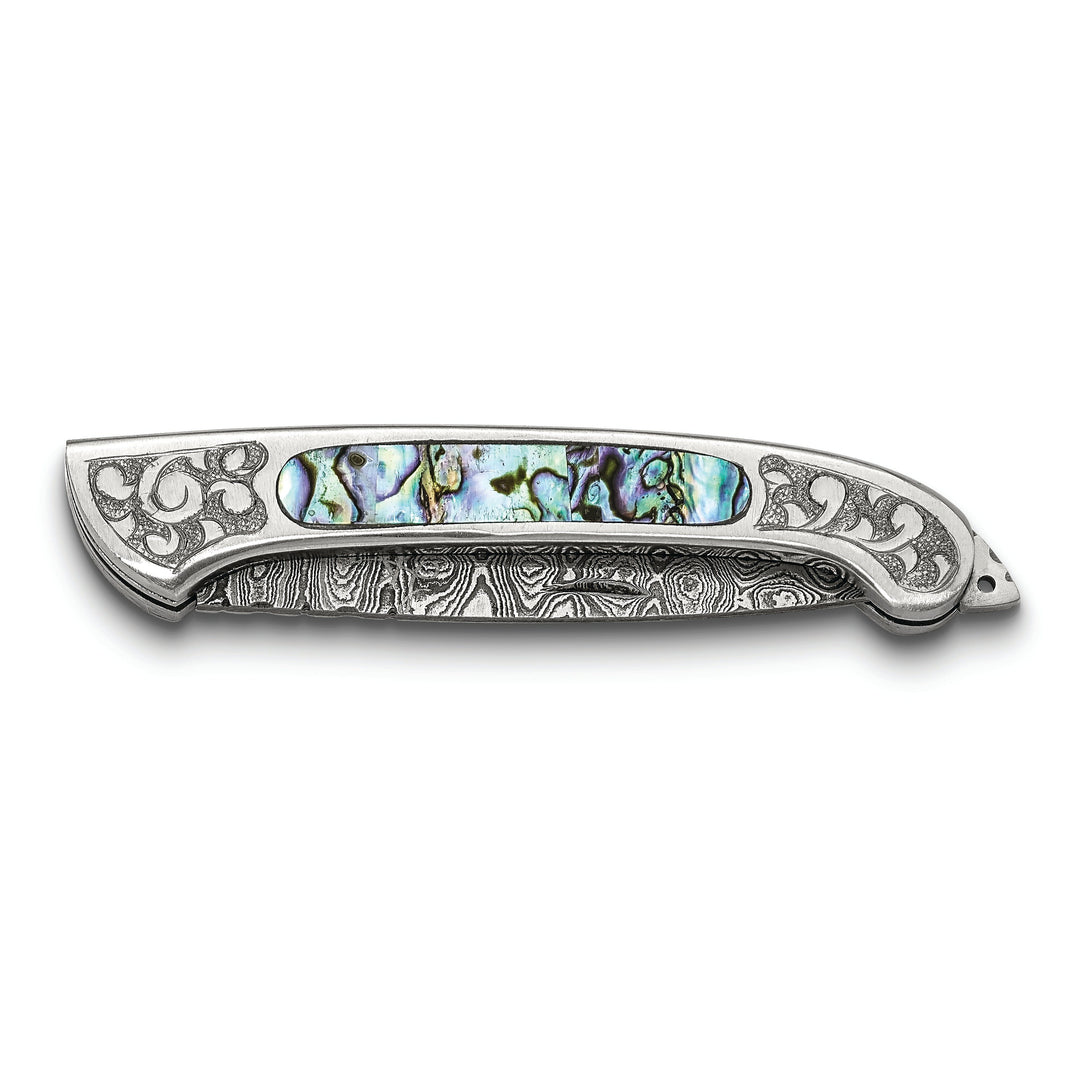 Damascus Steel 256 Layer Folding Blade Abalone Inlay Handle Knife